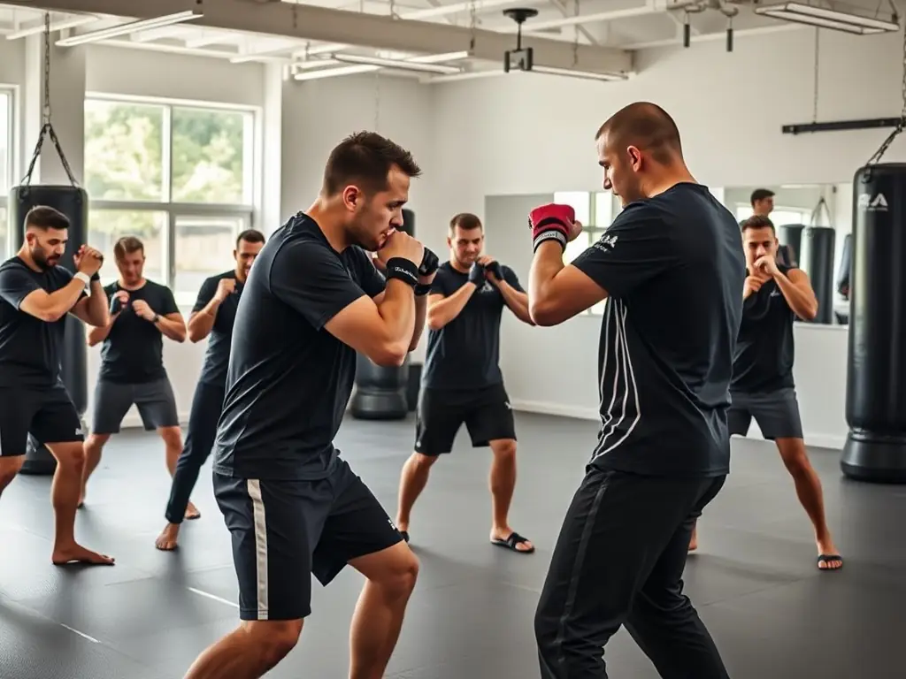 A high-energy image of a Krav Maga class in session, with participants of varying ages and fitness levels practicing defensive techniques under the guidance of an instructor. The setting is a well-equipped training facility.