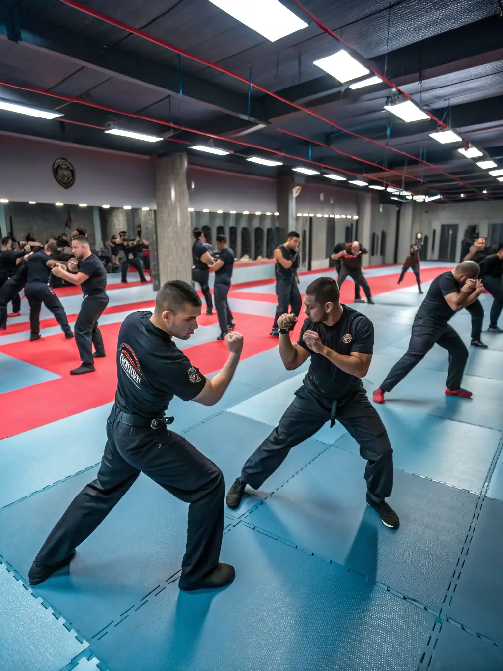 A diverse group of people training together in a Krav Maga class, demonstrating the community cohesion aspect.