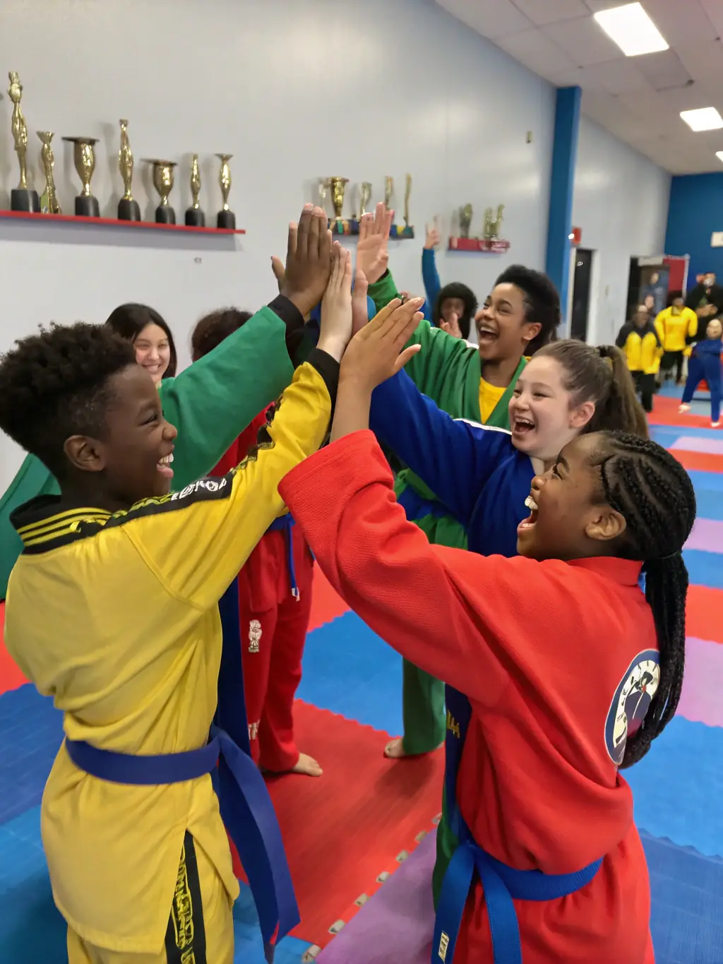 A group of students smiling and supporting each other after a challenging Krav Maga drill, showcasing the confidence-building aspect.
