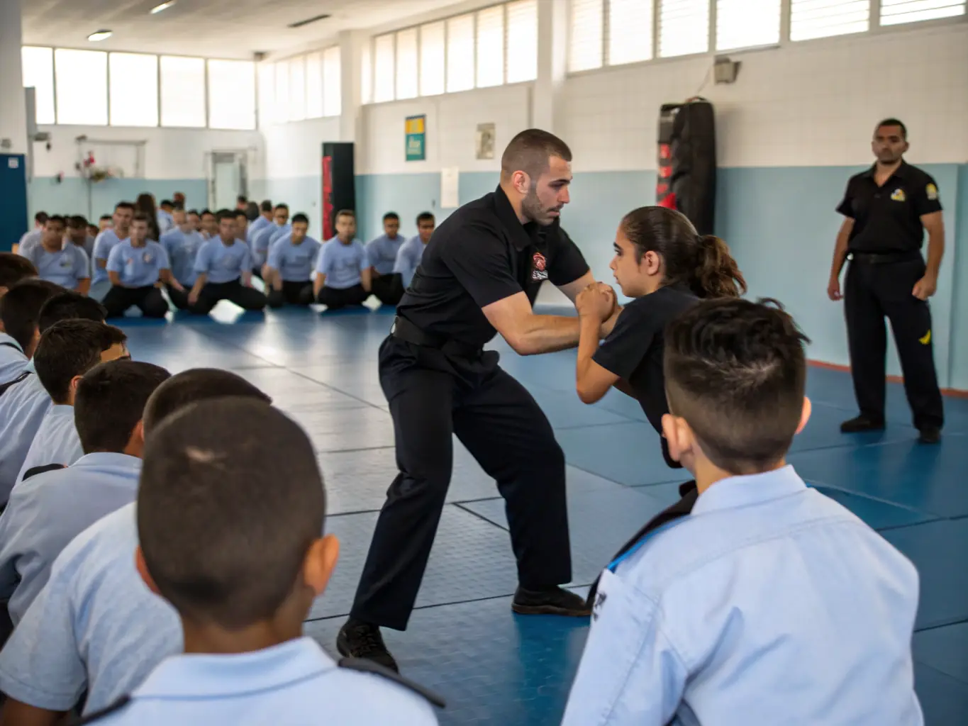 A dynamic image of students practicing Krav Maga techniques in a training session, focusing on self-defense moves.