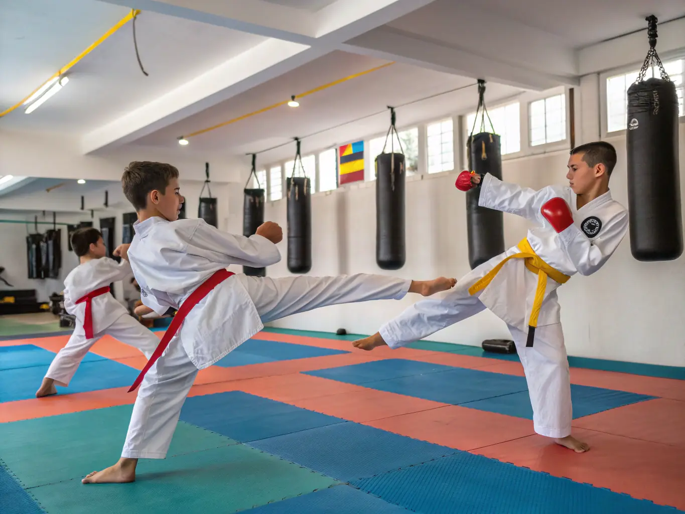 An image showcasing a group of students engaged in a combat sports training session, emphasizing discipline and physical fitness.